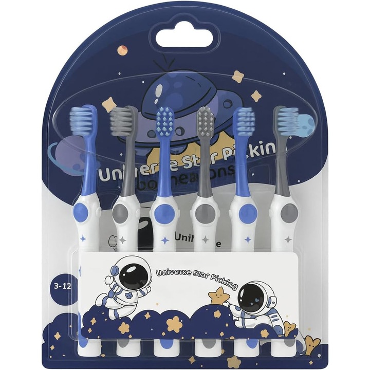 Periuta de Dinti Copii Set cu Tema Spatiala, 6 Bucati - Perie Moale pentru Varsta 3-12 Ani, Astronaut Racheta Albastra, Maner Confortabil si Cap Mic - Ideal pentru Acasa si Calatorii, Cadou pentru Baieti