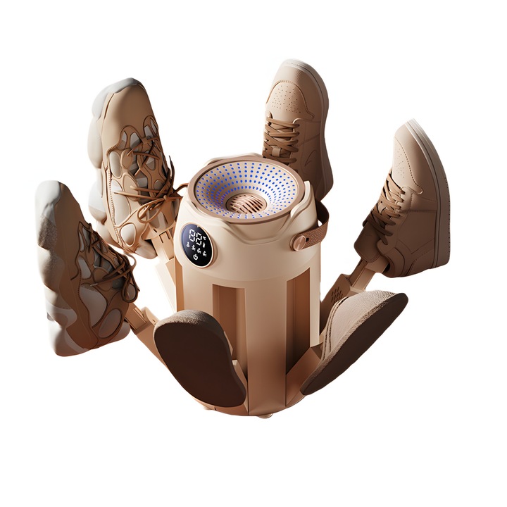 Uscator Incaltaminte cu 6 Brate, Nerele H1, 200W, Aer Cald 360°, Sterilizare UV Anti-Miros, Timer 3/6/9h, Uscare Rapida si Uniforma, Control Inteligent 48°C, Aromaterapie, Design Pliabil, Portabil, Protectie Supraincalzire, Bej