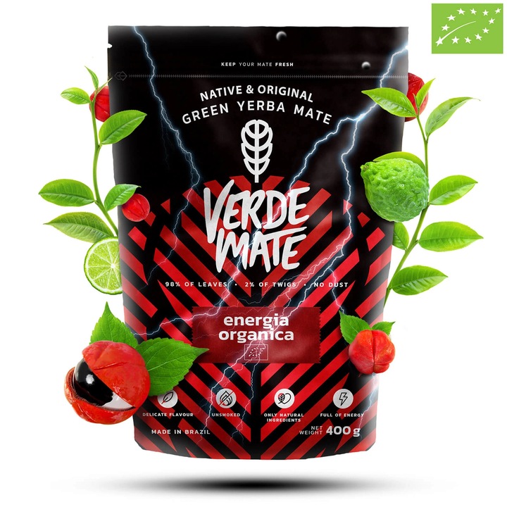 Yerba Mate Tea, Verde Mate Green Energia Organica BIO, Brazília, Guaranával és citromfűvel, Füstmentes, Természetes aroma, Erős élénkítő hatás, Kiváló minőség, Organikus termék, 400 g