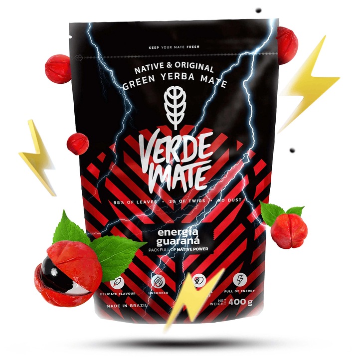 Yerba Mate Tea, Verde Mate Green Energia Guarana, Brazília, Energizáló keverék goji bogyóval és körömvirággal, Füstmentes, Keserűség nélküli íz, Természetes koffeinforrás, Kiváló minőség, 400 g