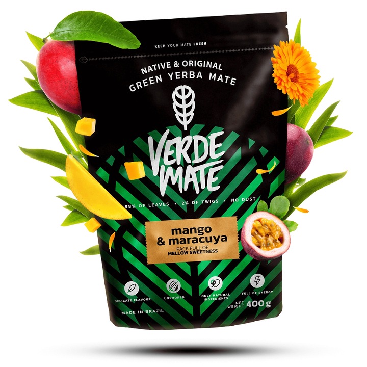 Чай Йерба Мате Verde Mate Green Mango Si Maracuya, Бразилия, Екзотична смес със сладки плодове, Съдържа лимонена трева и невен, Без дим, Деликатен тропически вкус, Източник на натурална енергия, Високо качество, Натурален аромат, 400 г