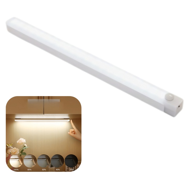 Lampa LED cu senzor de miscare, reincarcabila USB, banda luminoasa magnetica 30 cm, lumina calda, mod senzor si lumina continua, pentru dulap, bucatarie si dormitor, DRAGO™
