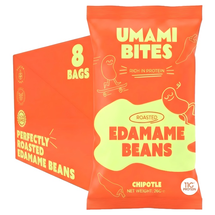 Чипс UMAMI BITES, хрупкава закуска с едамаме и вкус Chipotle, без глутен, 8x26g