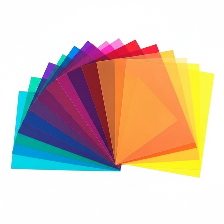 Set filme color filtru de culoare, Chucai, 14 buc, Transparenta inalta si temperatura de culoare staba, Usor de taiat, Sigur, Ecologic, Non-toxic si durabil, Pentru film, video, fotografie, scena si teatru, PVC, A4, Multicolor