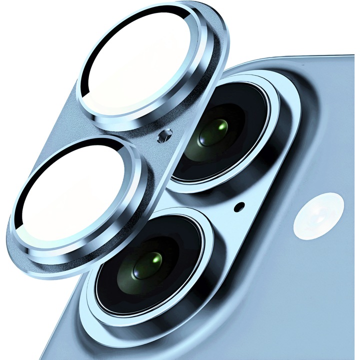 Folie Protectie Camera pentru iPhone 17, Sticla Securizata, Aluminiu, Ultra Slim, Duritate 9H, Anti Zgarieturi, Anti Amprente, Anti Socuri, Bleu
