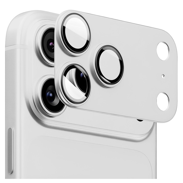 Folie Protectie Camera pentru iPhone 17 Pro Max, Sticla Securizata, Aluminiu, Ultra Slim, Duritate 9H, Anti Zgarieturi, Anti Amprente, Anti Socuri, Argintiu