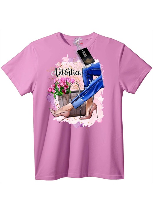 Tricou Autentica Floral Fashion, Roz Crem, 7XL