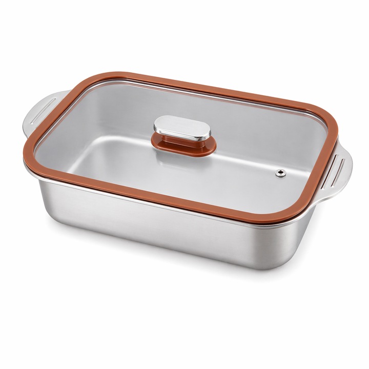 Tava cuptor inox cu capac sticla LGCHome, 33x19x8 cm, rezistenta la temperaturi inalte, pentru friptura, legume si peste