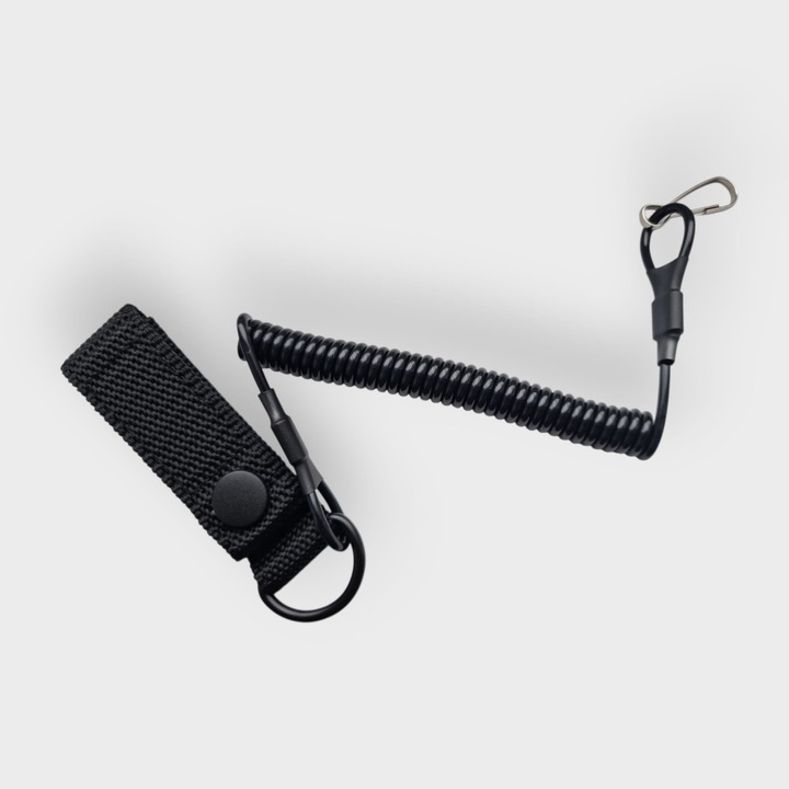 Snur tactic - cordon spiralat pentru asigurare pistol, negru, prindere velcro pe centura sau Molle