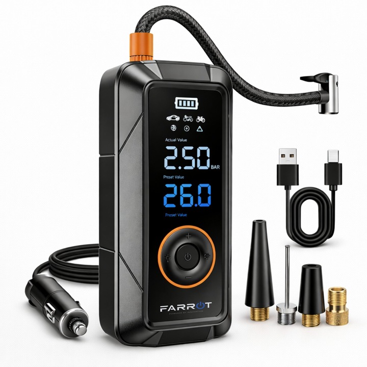 Compresor auto portabil fara fir FARROT, Pompa de aer electrica inteligenta cu acumulator 4000mAh, presiune 150 PSI, Ecran digital, Oprire automata, Lanterna LED de urgenta SOS, Multifunctional: Masini, Biciclete, Trotinete, Mingi