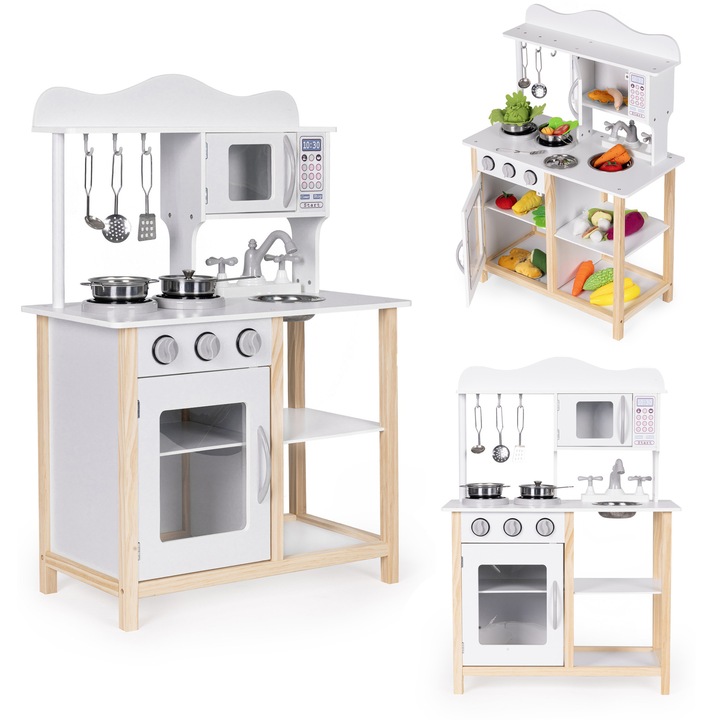 Bucatarie din lemn pentru copii, cu cuptor si 5 accesorii, alb, 59,5x29,5x84cm