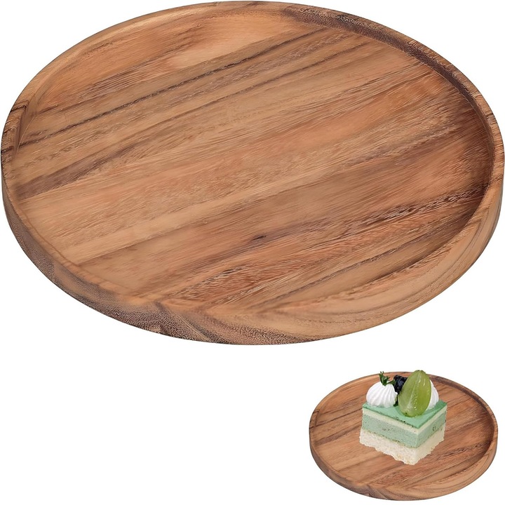 Platou pentru servire, AFKSMILE, Platou branzeturi din lemn, Curatare manuala, Usor de intretinut, Depozitare torture si prajituri, Lemn masiv, Confectionat dintr-o singura bucata de lemn, Rotund, 20*20*1.5cm, Maro