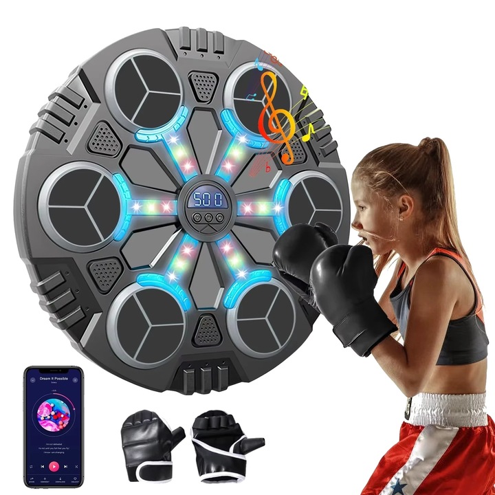 Interaktív bokszedző, Bluetooth csatlakozás, 3 sebesség, 3 hangerőszint, 6 tartozék, fekete