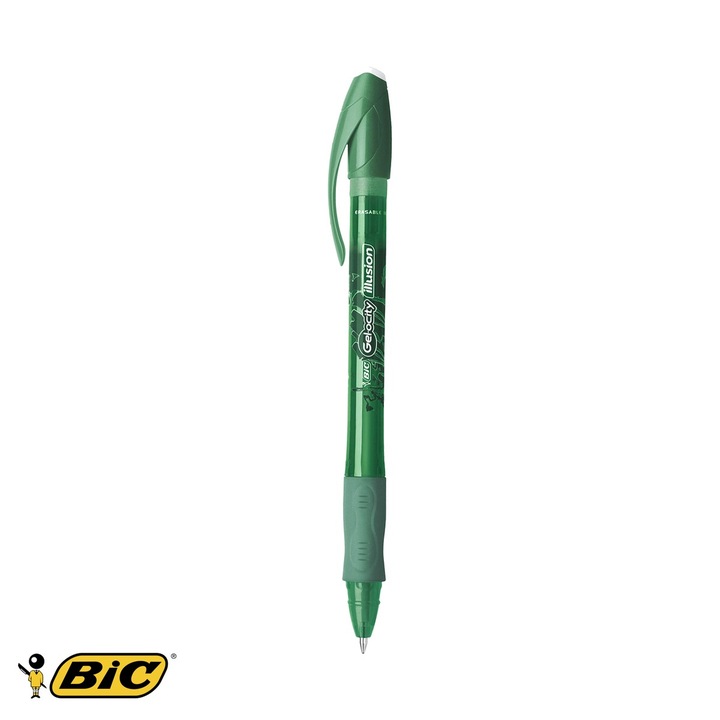 Roller cu gel verde Bic Gel-ocity Illusion, varf 0.7mm, cerneala termosensibila stersa, pentru birou si scoala