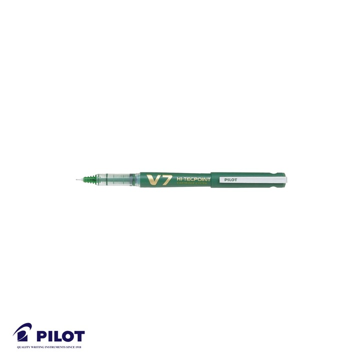 Roller Pilot V7 Hi-Tecpoint 0.7mm, cerneala lichida verde, varf fin pentru scriere precisa