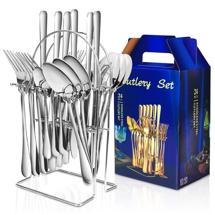 Set de 24 tacamuri din inox, AFKSMILE, 6 x cutite, 6 x linguri, 6 x furculite, 6 x linguri de cafea, Cu cutie cadou si suport din fier, Polisare oglinda, Rezistent la coroziune, Usor de curatat, 6 persoane, Pentru bucatarii, restaurante, Argintiu