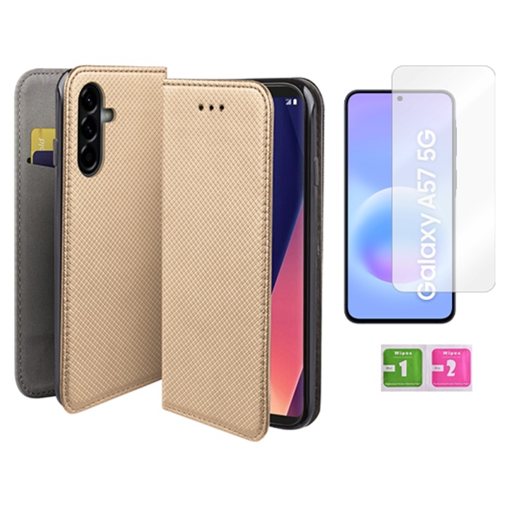 Etui cu clapeta pentru Samsung Galaxy A57 5G, aurie, cu sticla de protectie 9H, set