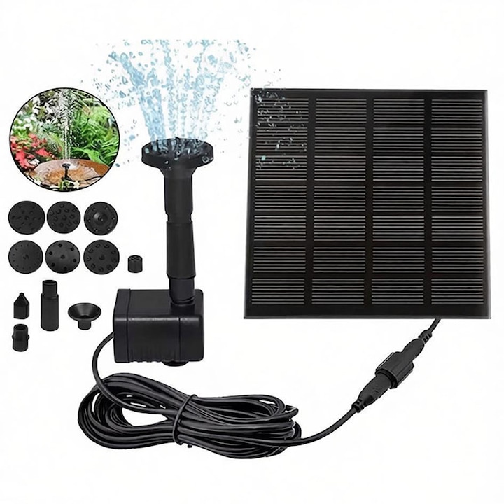 Fantana solara circulara, Golxmse®, cu panou solar, 4 duze, debit maxim 220L/ora, 9V 2.5W, inaltime jet 40-95 cm, potrivita pentru iazuri, acvarii, gradini, dimensiuni panou solar 155×155mm, neagra
