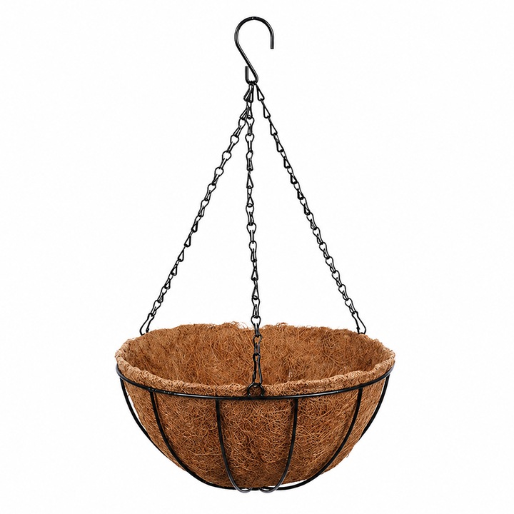 Cos ghiveci suspendat pentru flori, maro, otel + fibra cocos, cu lant si carlig, 25 cm diametru, design traditional rustic