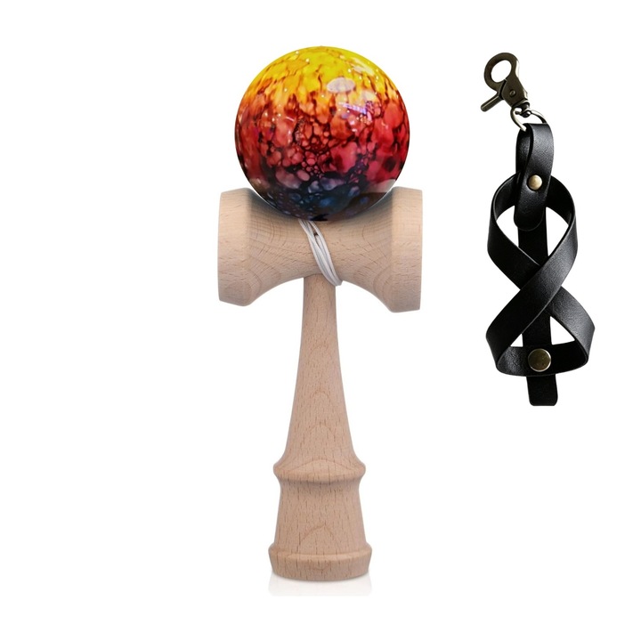 Prémium professzionális kendama természetes fából, márványos modell, bőr tokkal, piros