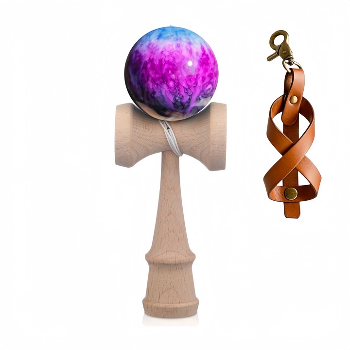 Prémium professzionális kendama természetes fából, márványos modell, bőr tokkal, lila