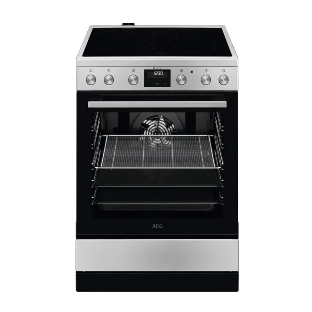 Aragaz electric AEG CCB6446CBM, Plita vitroceramica 4 zone, Cuptor electric, AirFry, SurroundCook, AquaClean, 60 cm, 73 l, Clasa A, Argintiu