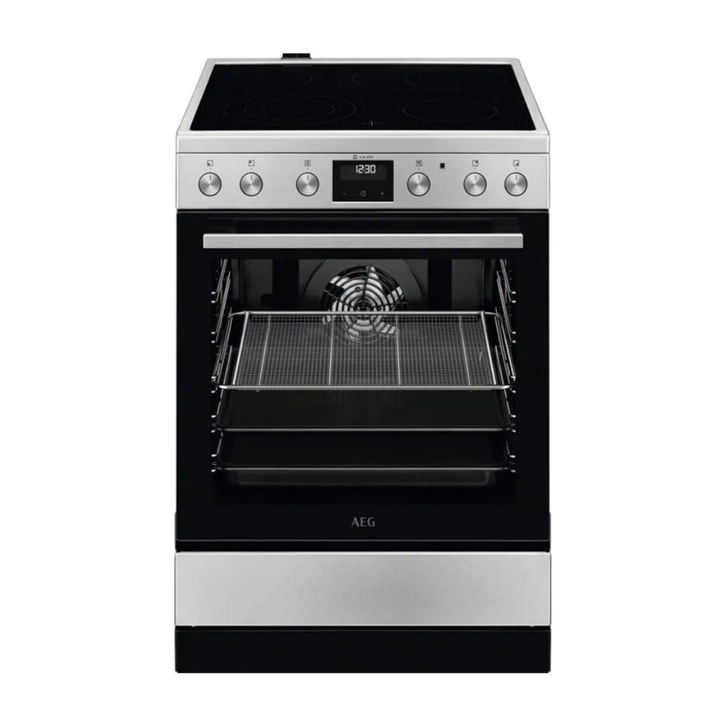 Aragaz electric AEG CCB6446CBM, Plita vitroceramica 4 zone, Cuptor electric, AirFry, SurroundCook, AquaClean, 60 cm, 73 l, Clasa A, Argintiu