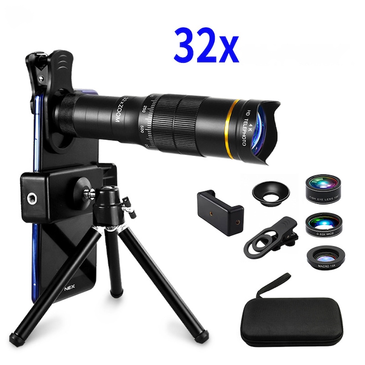 Obiectiv telefon, Zoom 32X, universal, cu trepied, trepied inclus, portabil, negru