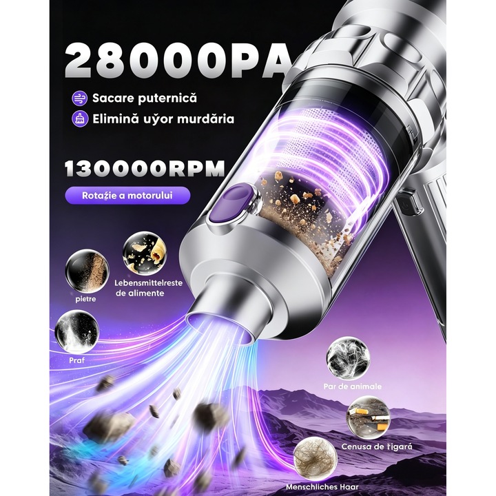 Autó porszívó 4 az 1-ben hordozható, 28000PA, 120W, autóba és otthonra, vezeték nélküli, 6000mAh akkumulátor, szívó, fúvó és vákuum funkciók, HEPA szűrők, piros