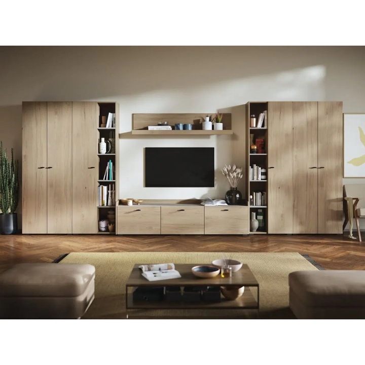 Set Living Silensia, C5/Duo, aspect lemn/bej, cu Soft close si Manere, L 435.2 x A 35.2 x H 182 cm