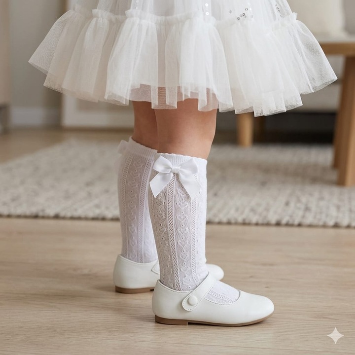 Sosete cu fundita pentru fetite si bebelusi, Design fara cusatura, Alb, Marime Unica