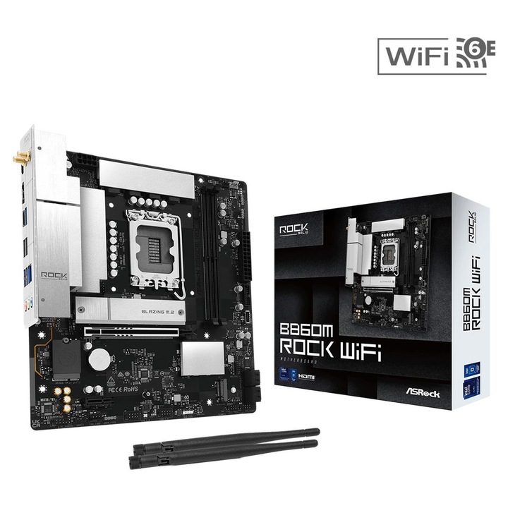 Дънна платка ASRock B860M ROCK WIFI, LGA1851, 2xDDR5, 128GB, Micro-ATX