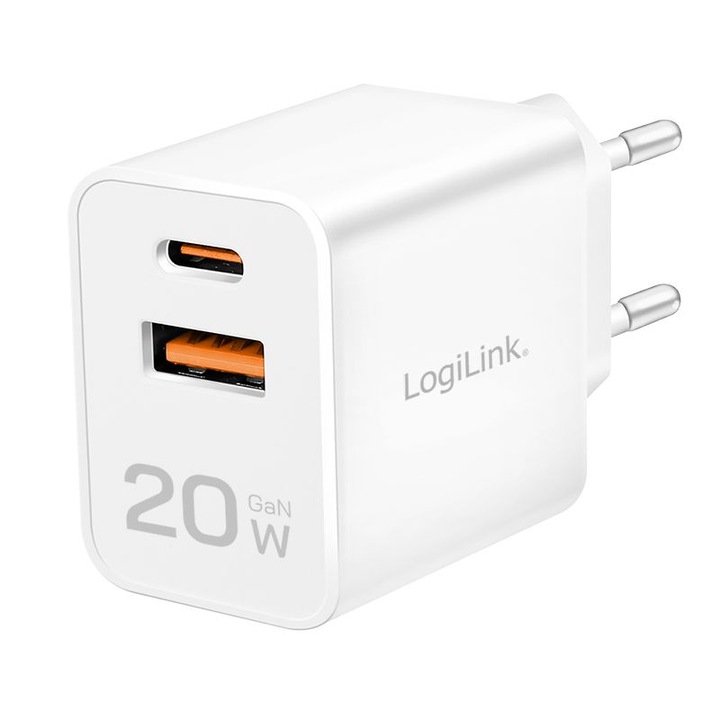 Logilink 20W GaN töltő, 2 portos, 1x USB-C, 1x USB-A, Fehér