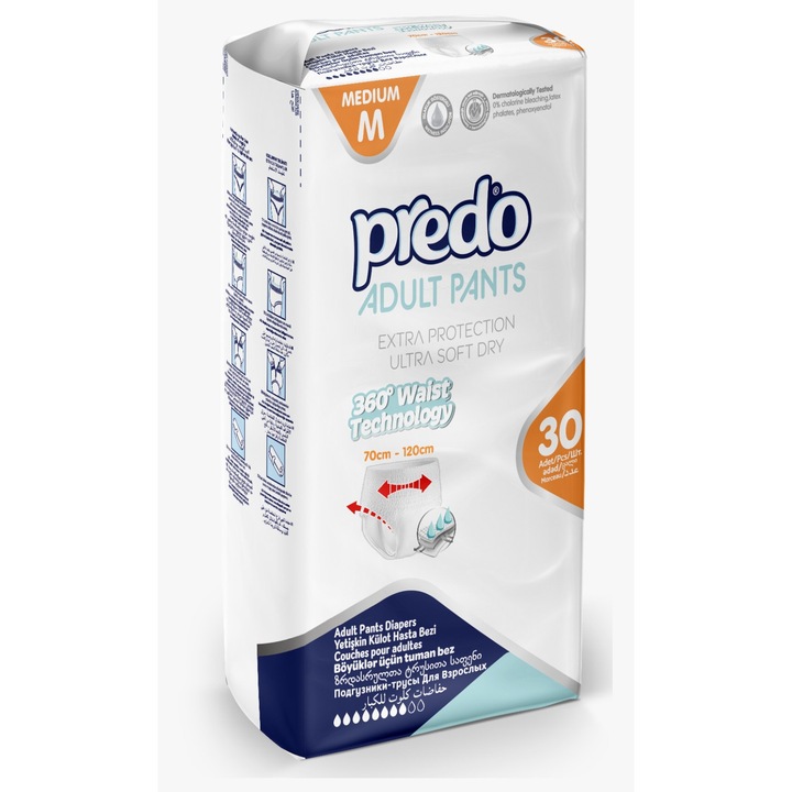 Scutece adulti tip chilot Predo 8 PICATURI, 70-120 cm, Marime M, absortie rapida, 30 buc