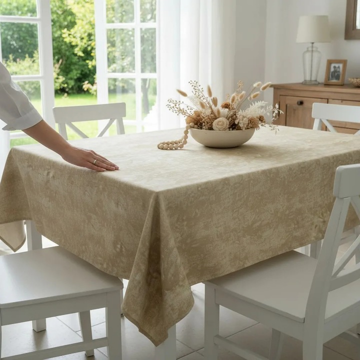Fata de masa Bumbac Teflonat Antimurdarire 140x180 cm, NufJoy®, Impermeabila, Anti Pete, Usor de curatat si intretinut, Lavabila, Design Modern, Crem