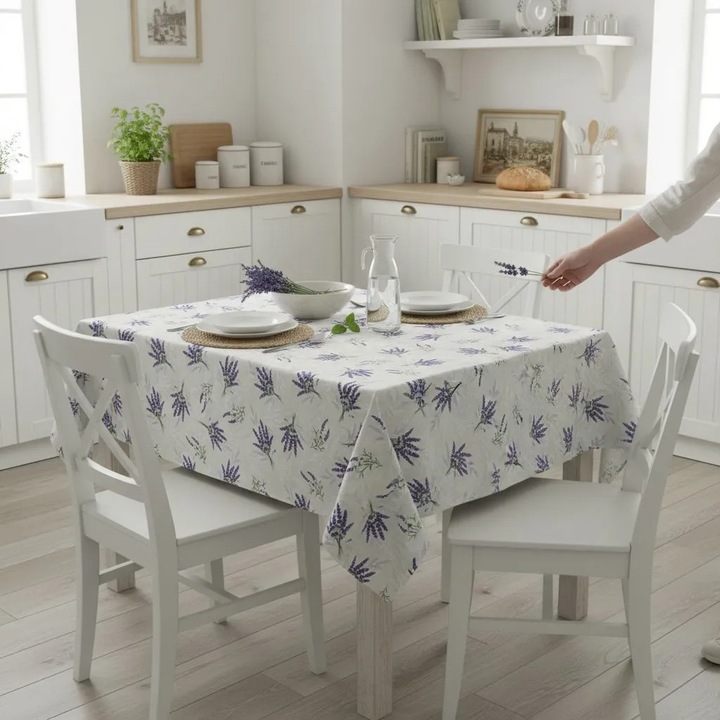 Fata de masa Bumbac Teflonat Antimurdarire 120x160 cm, NufJoy®, Impermeabila, Anti Pete, Usor de curatat si intretinut, Lavabila, Design Modern, Lavanda