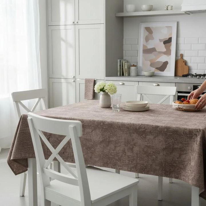 Fata de masa Bumbac Teflonat Antimurdarire 140x180 cm, NufJoy®, Impermeabila, Anti Pete, Usor de curatat si intretinut, Lavabila, Design Modern, Maro Inchis