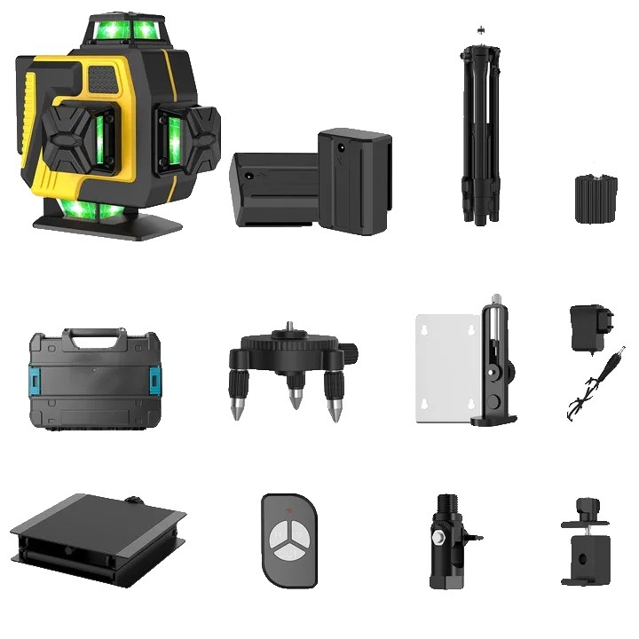 Nivel laser 16 linii, auto-nivelare, set cu trepied, verde, dimensiuni compacte