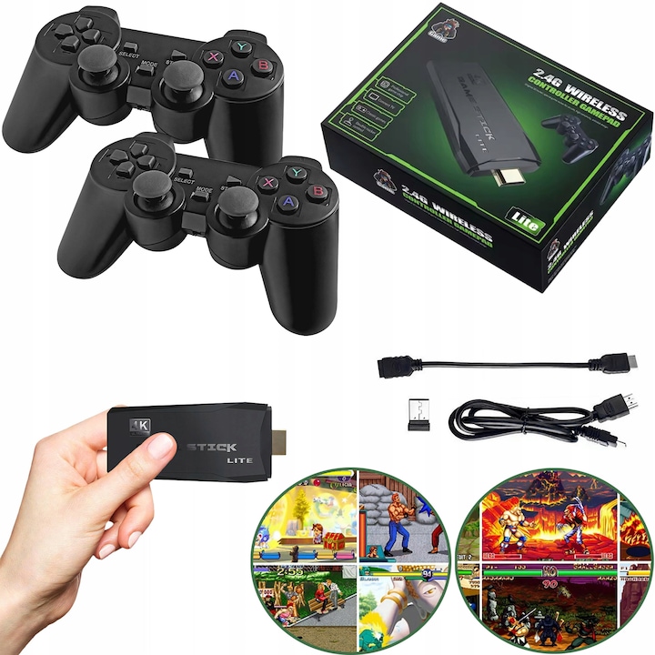 Consola Retro Jocuri PAKO Hal Star, 2 controllere wireless, HDMI, 64GB, negru, 10.5x4.5x1cm
