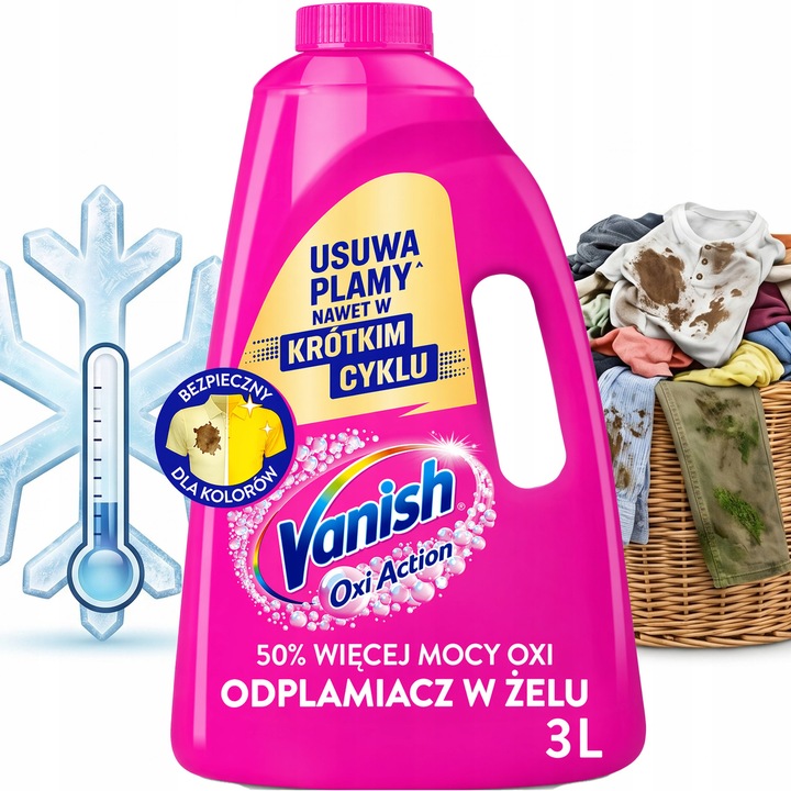 Odplamiacz Vanish Oxi Action Pink 3l, gel pentru tkanini colorate, eficient la 30C