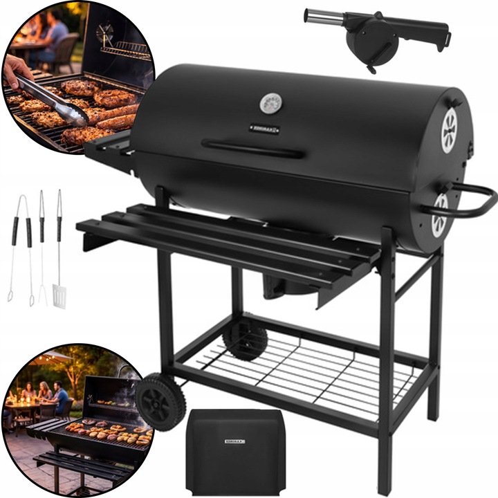 PAKO Kaminer kerti grill hőmérővel és fedéllel, fekete, 108x67x96cm