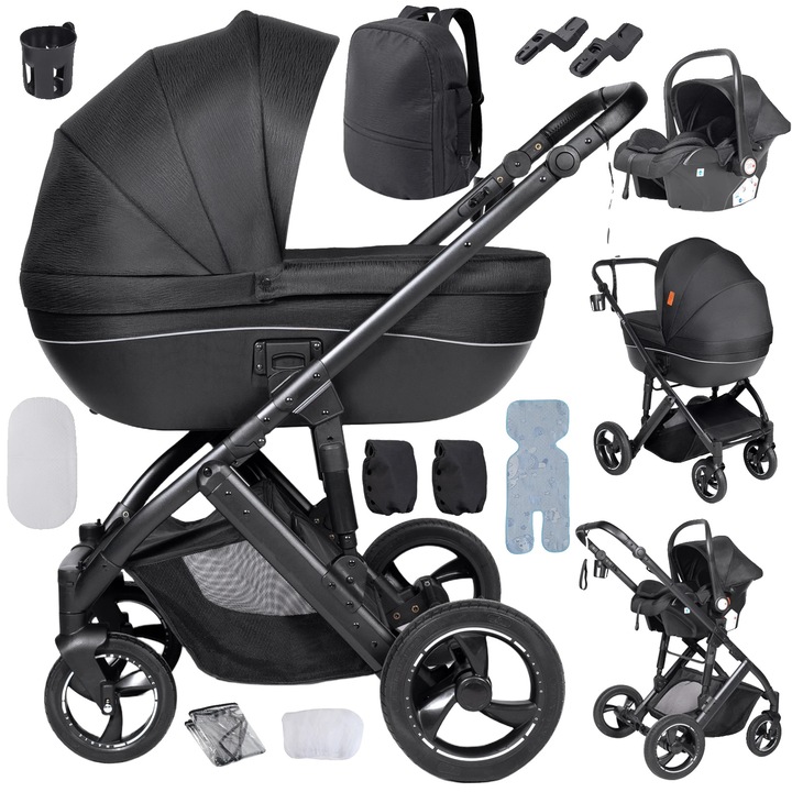 Carucior pentru copii, 3 in 1, design usor, negru, capacitate 20 kg