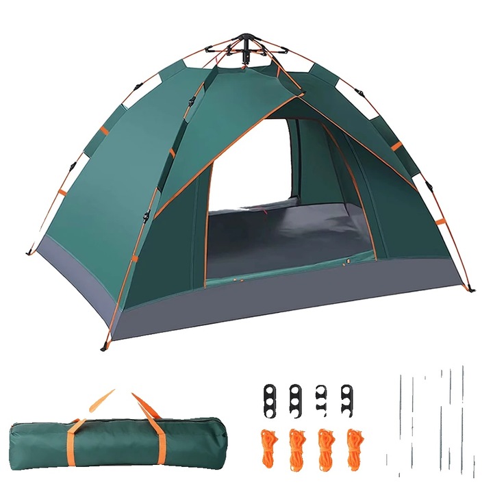 Cort camping automat pop-up, verde, 2 persoane, rezistent la apa, 600D Oxford, 4 sezoane