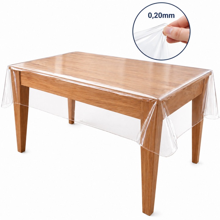 Fata de masa transparenta 140x110 cm, grosime 0.20 mm, protectie masa, rezistenta la apa, antizgarieturi, finisaj lucios, usor de curatat