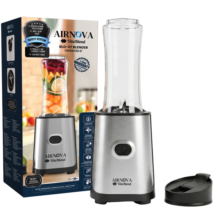 Blender AIRNOVA® VitaBlend BLD-07, 800W, Go Bottle 600ml, Lame Otel, Motor cupru, Smoothie Maker, Zdrobire gheata