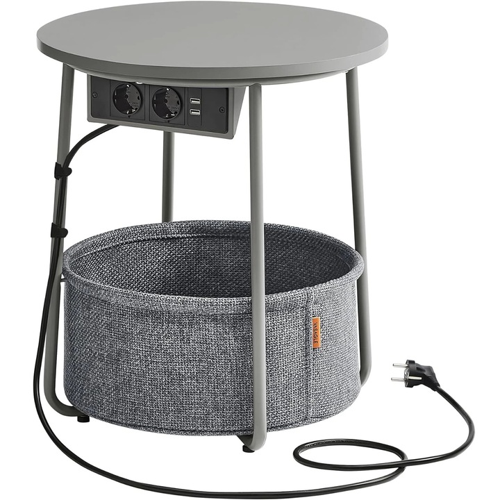 Кръгла масичка за кафе с кош от плат, 2 USB порта за зареждане, 45x50 см, модерен дизайн, сребристо сиво