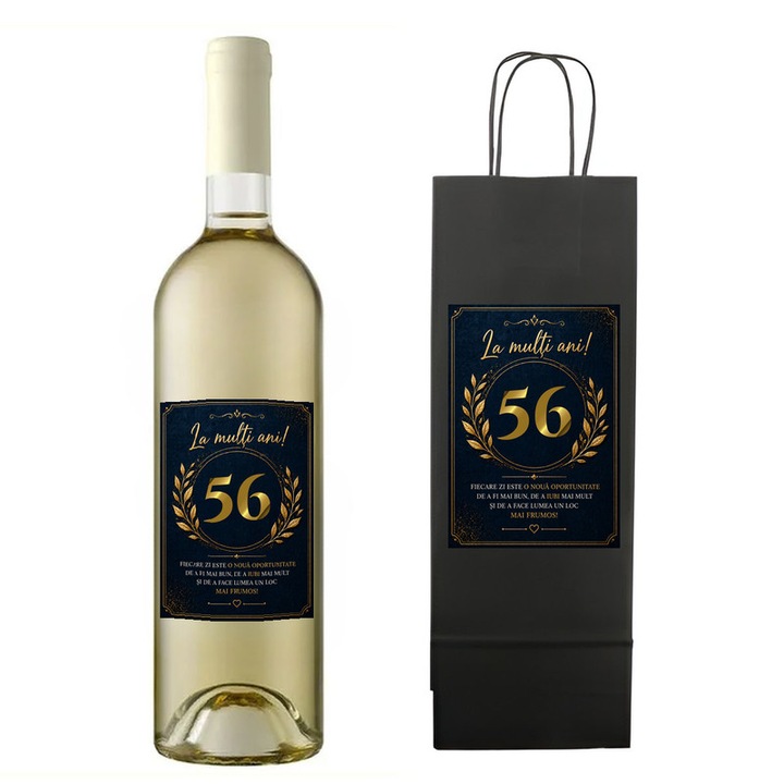 Set personalizat sticla vin alb demisec Sauvignon Blanc 750 ml, punga cadou, CRI-FLO, imprimeu „La multi ani 56”, eticheta premium Blue & Gold Celebration