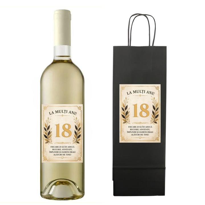 Set personalizat sticla vin alb demisec Sauvignon Blanc 750 ml, punga cadou, CRI-FLO, imprimeu „La multi ani 18”, eticheta premium Eleganta Aurie