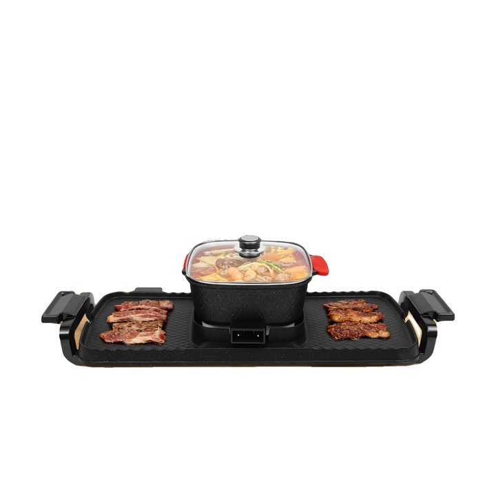Hordozható elektromos főzőlap, 2200W, kettős hőmérséklet-szabályozás, hot pot átmérő 30cm, 80x24.5cm, 6 vagy több személyes kapacitás