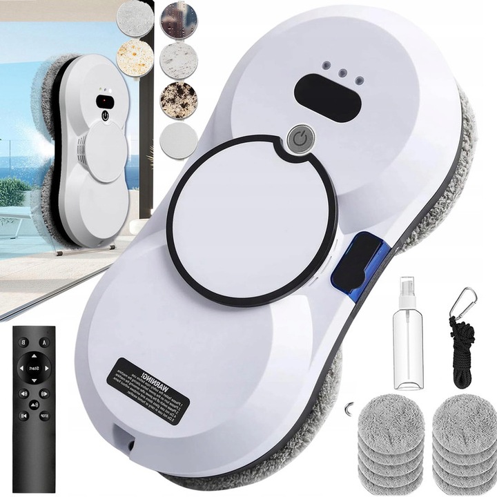 Robot autonom curatare geamuri Anikers® Smart Window Robot, 3 cai inteligente Cale de curatare, 5600Pa, Functie automata de pulverizare a apei, potrivit pentru ferestre interioare si exterioare, Cu sistem inteligent de detectare a marginilor, Alb
